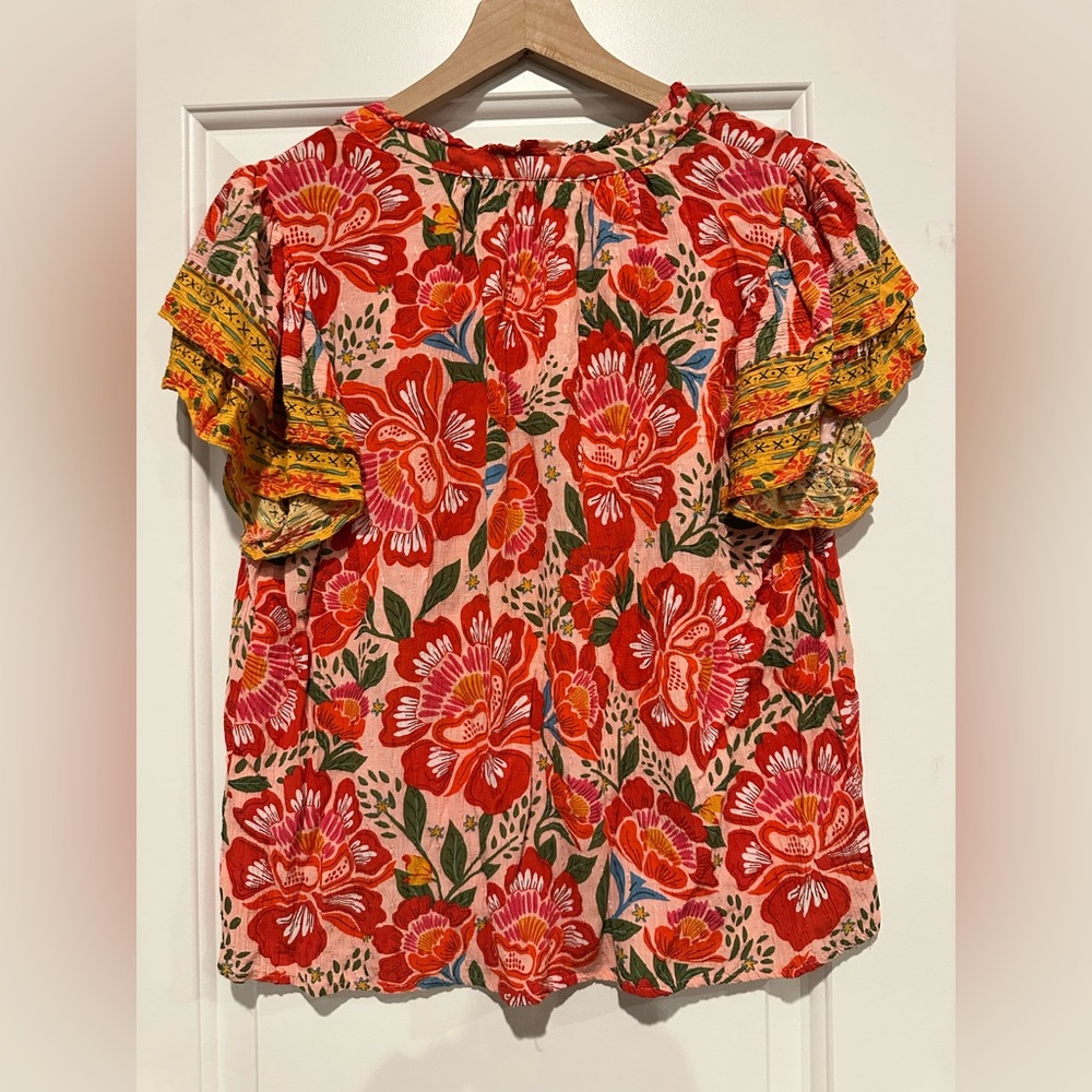 Rachel Zoe Red Floral V-Neck Flutter Sleeve Blouse - Picture 4 of 5